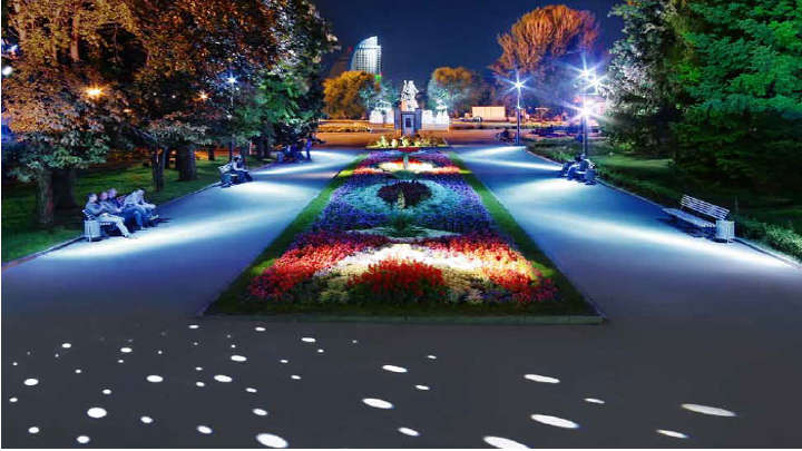 Philips világítástechnikával barátságosan megvilágított park.